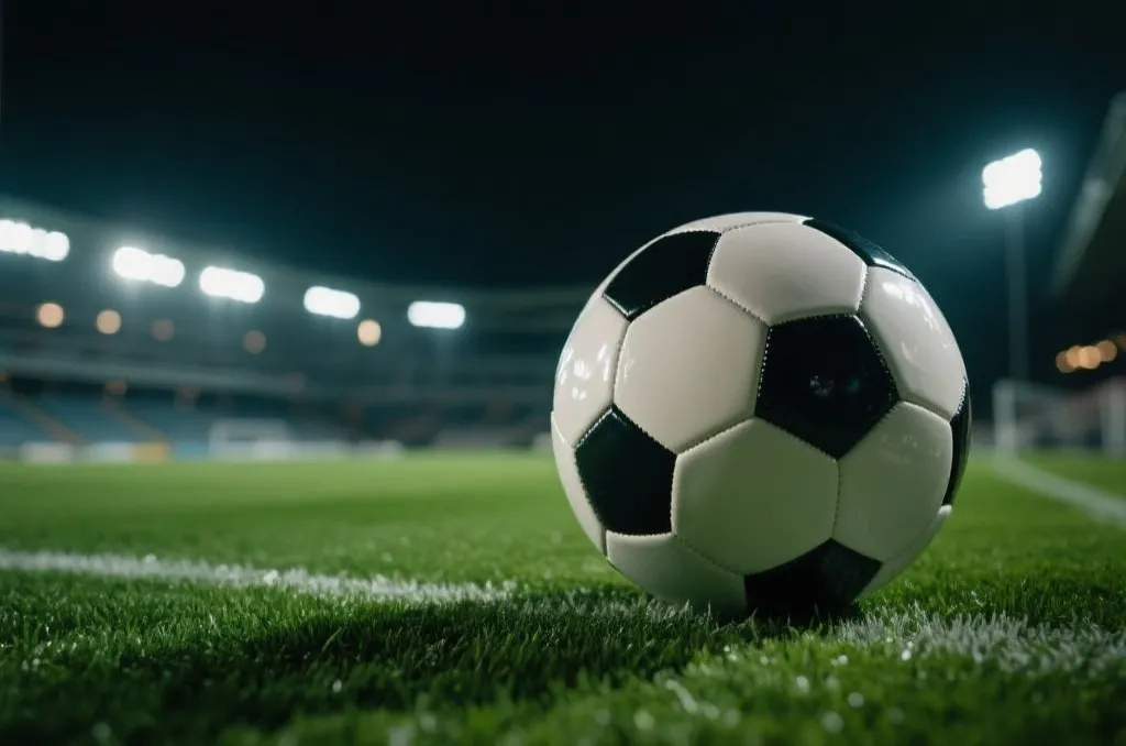 Close-up of a premium soccer ball on a lush green turf pitch under bright stadium floodlights at night, cinematic style