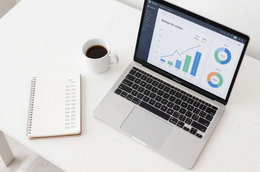 An overhead shot of a clean workspace with a laptop showing financial graphs and a notebook with calculated numbers
